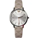 Emporio Armani Gianni T Bar Quartz Silver Dial Beige Leather Strap Watch For Women - AR80007